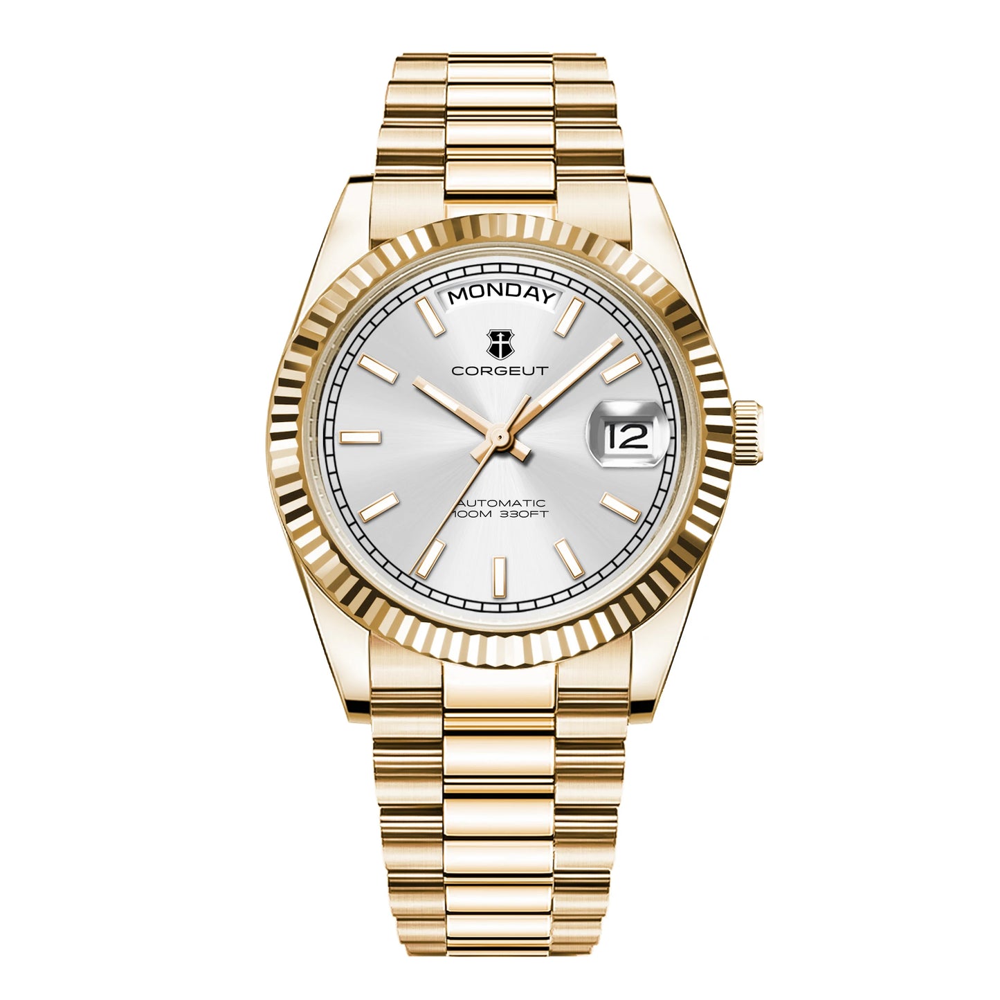 NH36 Mechanical Men'S Watch Date of the Week Show President Chain Strap Steel Case Watch Threaded Arc Bezel Waterp