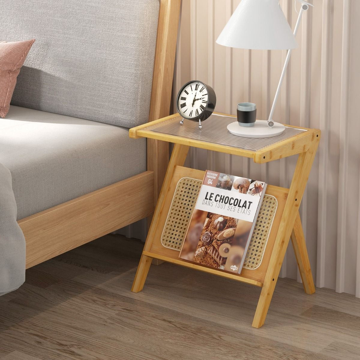 Stylish Bamboo Bedside Table with Elegant Tempered Glass Top