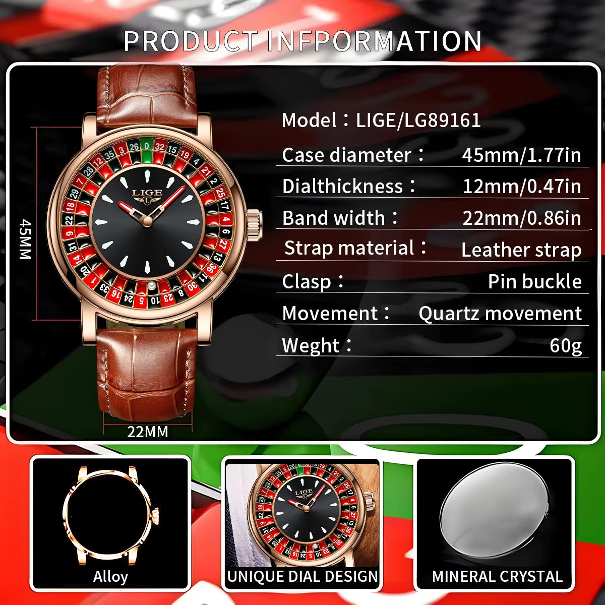 Quartz Man Watch Fashion Luxury Creative Roulette Game Dial Design Leather Casual Life Waterproof Watches for Men Gifts+Box