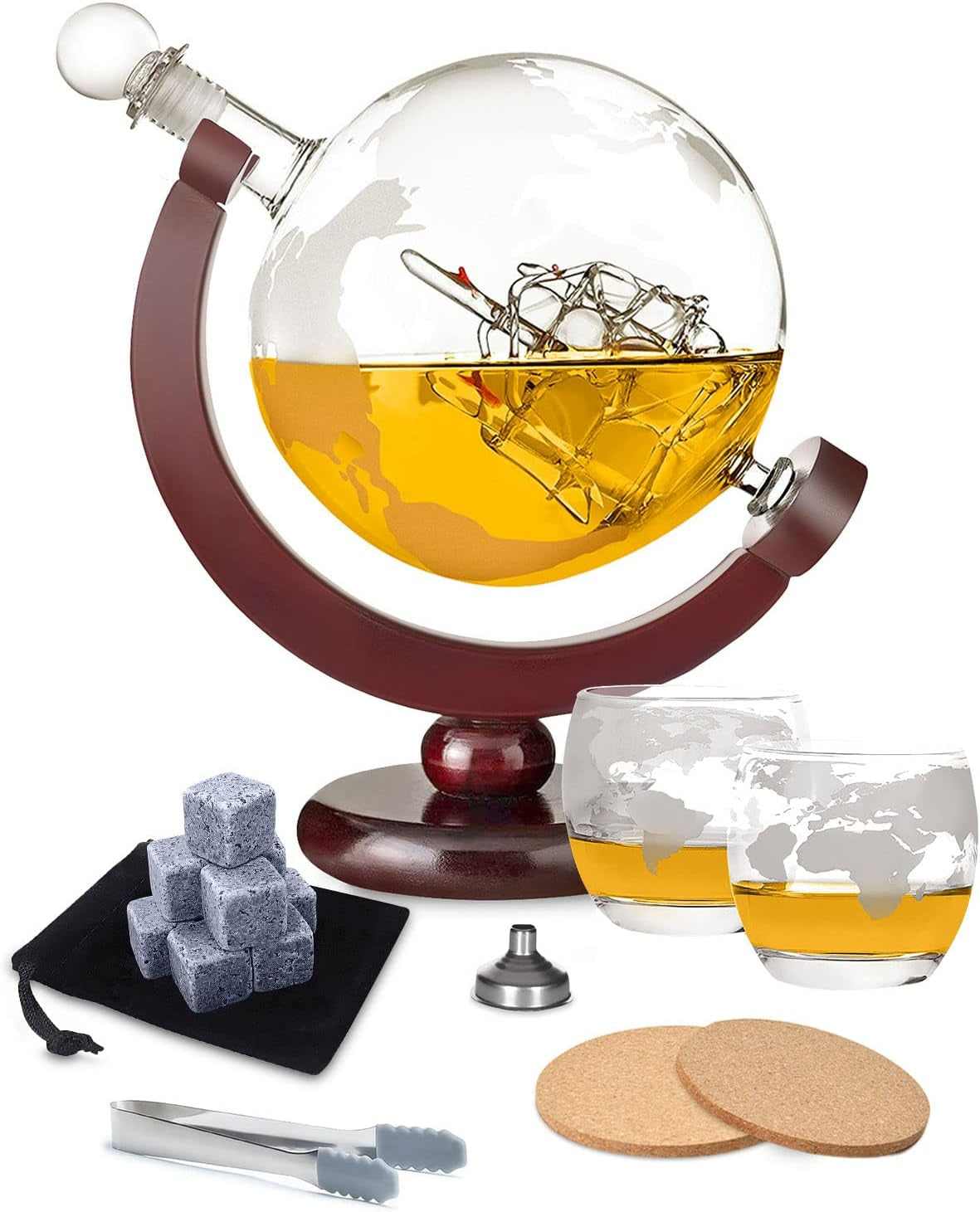 Whiskey Decanter and Glass Set,Globe Decanter Whiskey Gift Sets for Men Husband Him Boyfriend Dad Women with 2 Glasses, 9 Ice Cubes, Tong & Funnel,For All Kinds of Alcohol Drinks