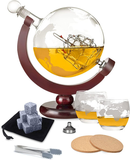 Whiskey Decanter and Glass Set,Globe Decanter Whiskey Gift Sets for Men Husband Him Boyfriend Dad Women with 2 Glasses, 9 Ice Cubes, Tong & Funnel,For All Kinds of Alcohol Drinks