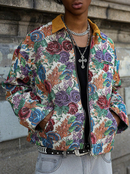 Manfinity Homme Men Hawaiian Print Floral Pattern Jacquard Jacket Summer Outerwear, Street Fashion Colorful Pattern Rave Long Sleeve Jacket, Gift for Friends, Husband, Boyfriend
