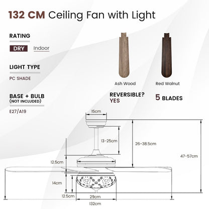 52-Inch Crystal Light Ceiling Fan with Remote Control