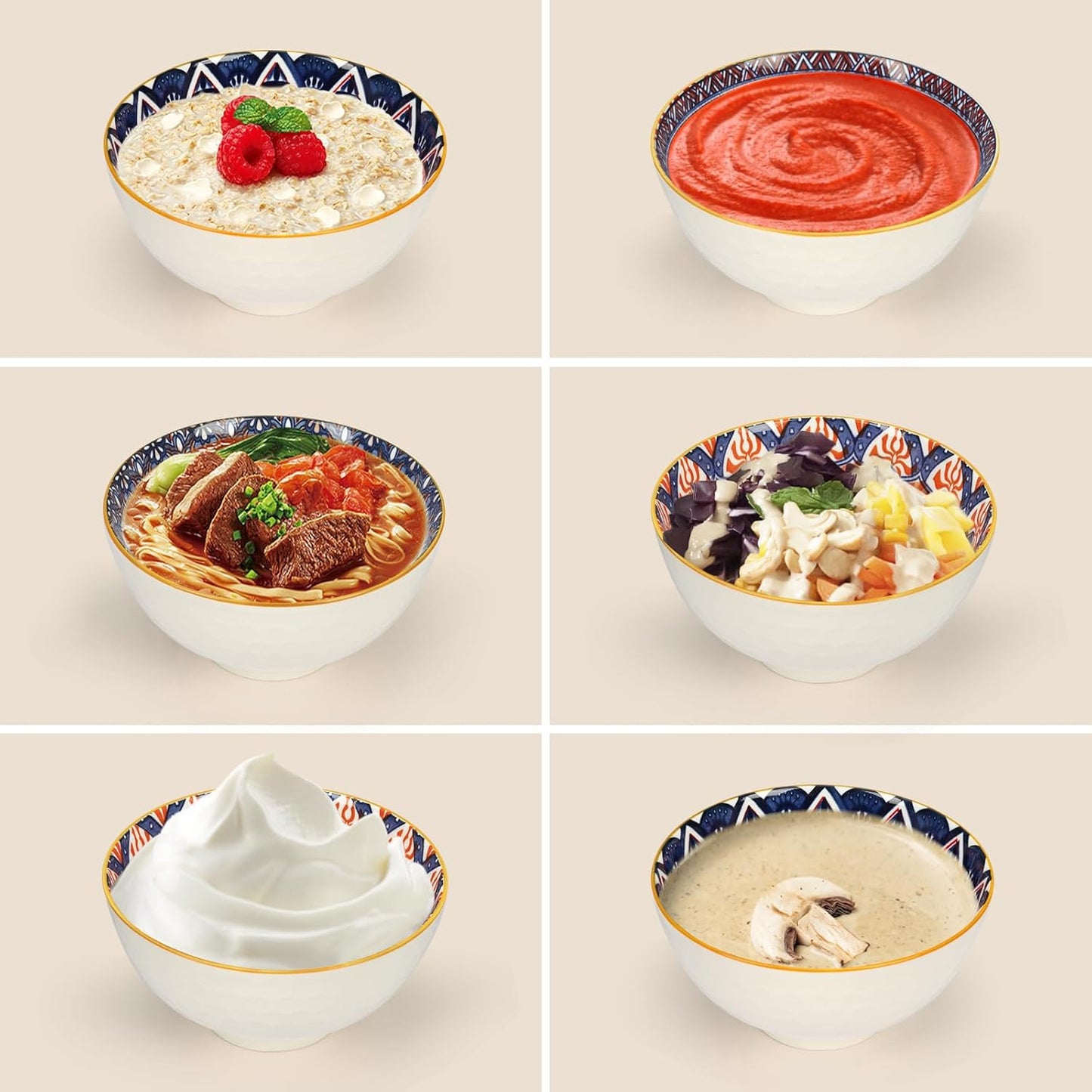 Ceramic Tapas Bowls Set of 6 - Bohemian Style Tapas Dishes, 10Oz/300Ml Salad Bowl, Decorative Serving Bowls for Dip, Cereal, Soup, Rice, Desserts & Snacks, Dishwasher & Microwave Safe