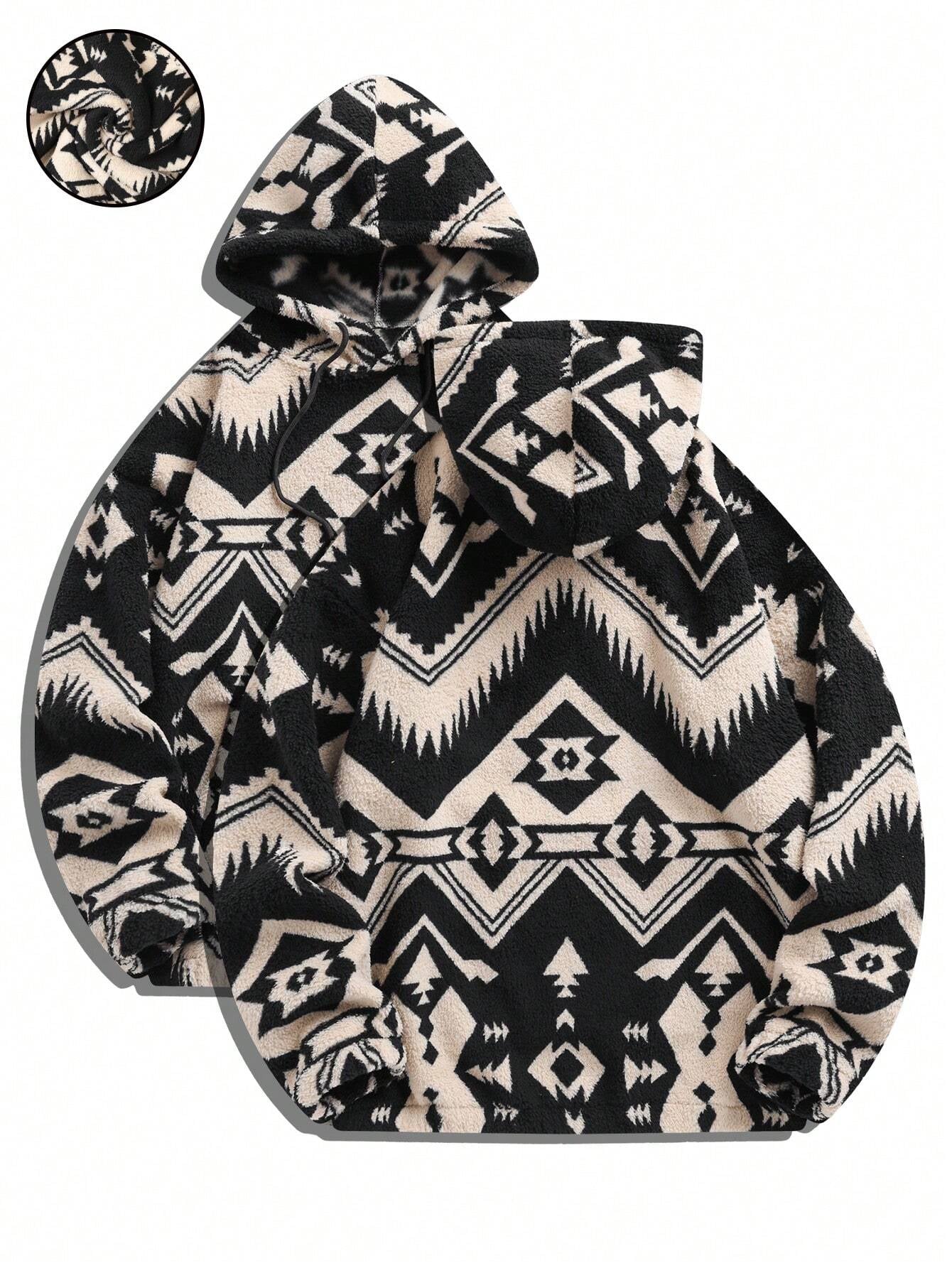 Men'S Totem Print Hooded Sherpa Fleece Sweatshirt