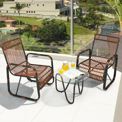 3-Piece Rattan Patio Furniture Set Featuring Two Armchairs and a Glass Coffee Table