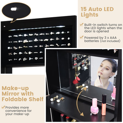 Elegant 120 cm Lockable Jewelry Cabinet Mirror with 15 LED Lights for Secure and Stylish Organization