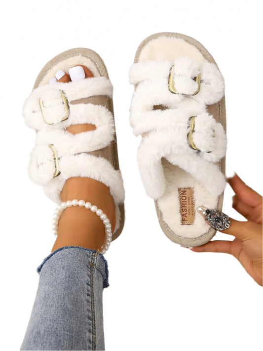 Women'S House Slippers with Belt Buckle, Plush Open Toe Indoor Home Shoes