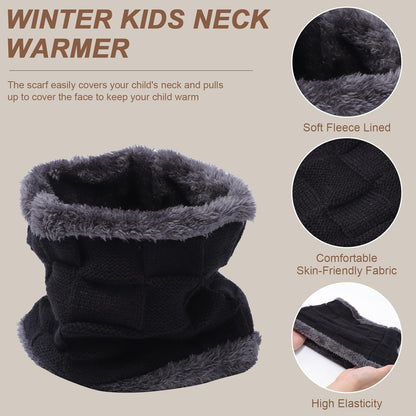 3Pcs Kids Hat Scarf Gloves Set, Winter Knitted Fleece Lined Beanie Hat Neck Warmer Touch Screen Gloves for Girls Boys