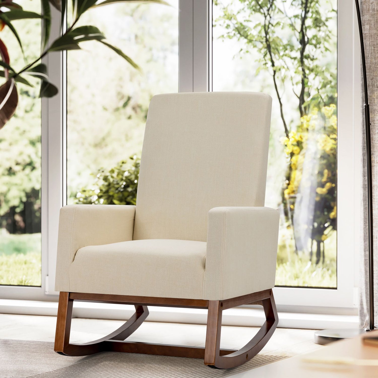 Upholstered Fabric Armchair with Rubberwood Base