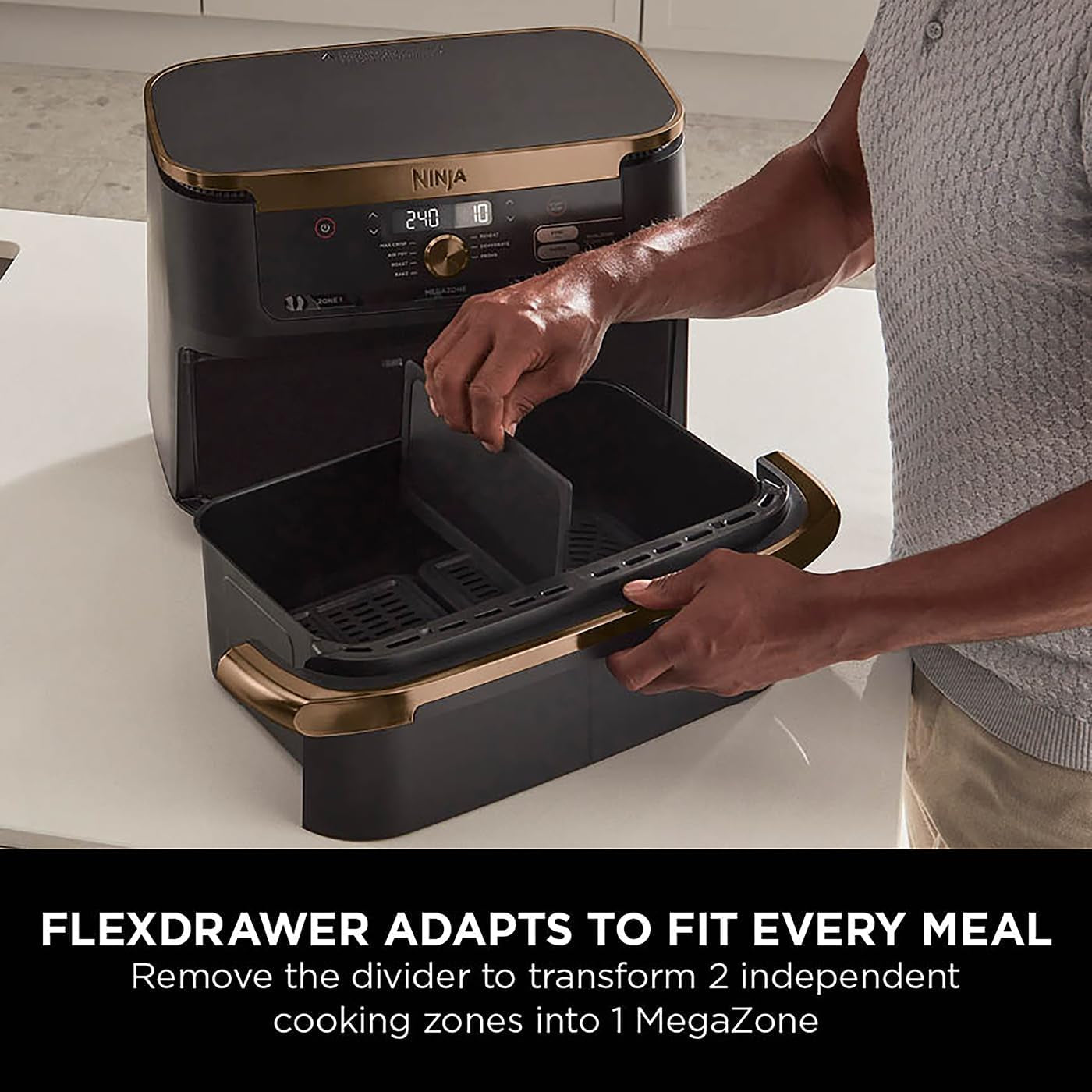 Foodi Flexdrawer Air Fryer, Dual Zone with Removable Divider, Large 10.4L Drawer, 7-In-1, Air-Fryer, Air Fry, Roast, Bake, Crisp, Non-Stick Dishwasher Safe Parts, Black and Copper, AF500UKCP