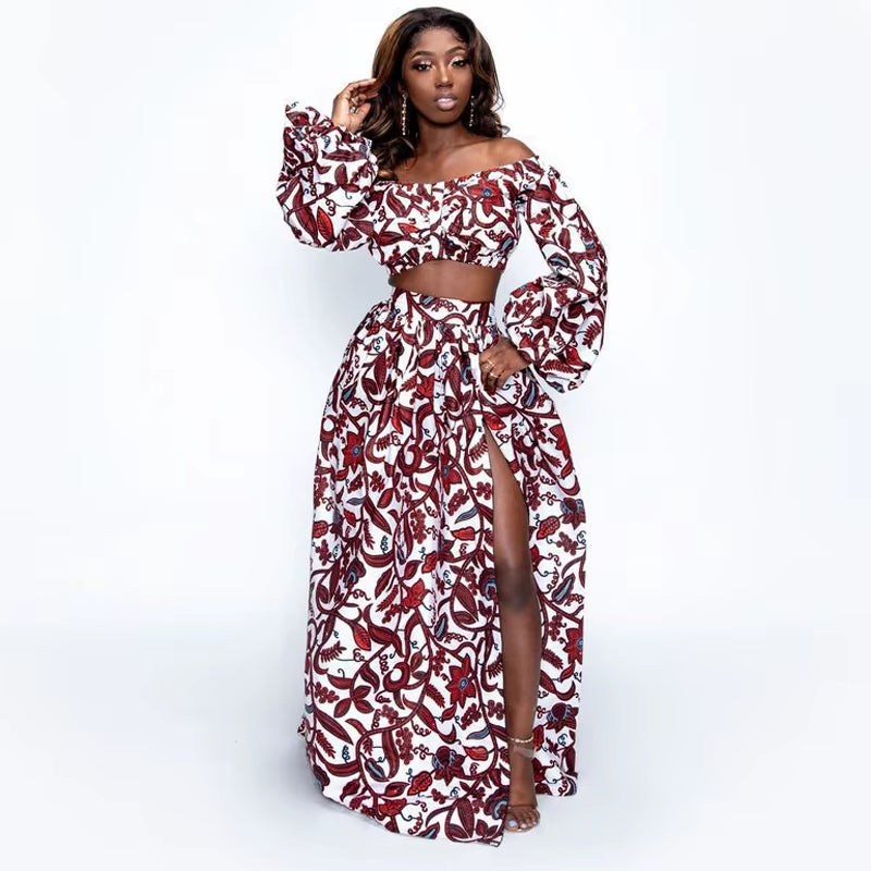 Women's Autumn 2-Piece Dashiki Print Dress Set with Off-Shoulder Full Sleeves and Split Skirt