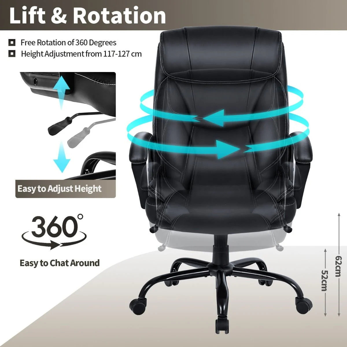 Height Adjustable Executive Leather Office Chair with Rocking Backrest