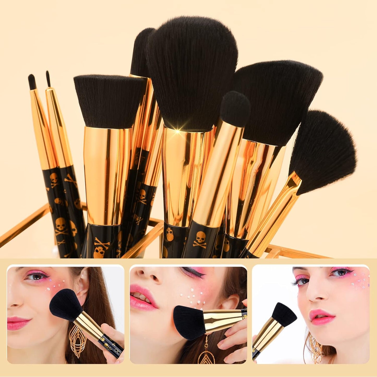 Makeup Brush Set 12Pcs Skull-Print Makeup Brushes Premium Synthetic Powder Foundation Contour Blush Concealer Eye Shadow Blending Liner Makeup Brush Sets