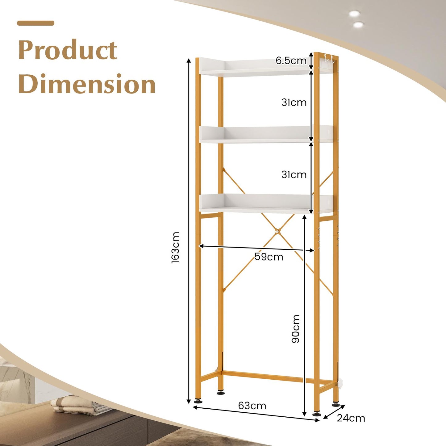 Three-Tier Over-the-Toilet Storage Rack with Four Hooks and Adjustable Base Bar