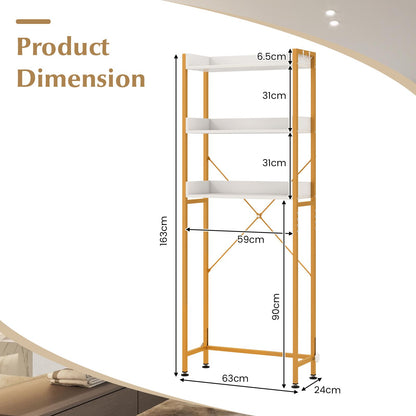 Three-Tier Over-the-Toilet Storage Rack with Four Hooks and Adjustable Base Bar