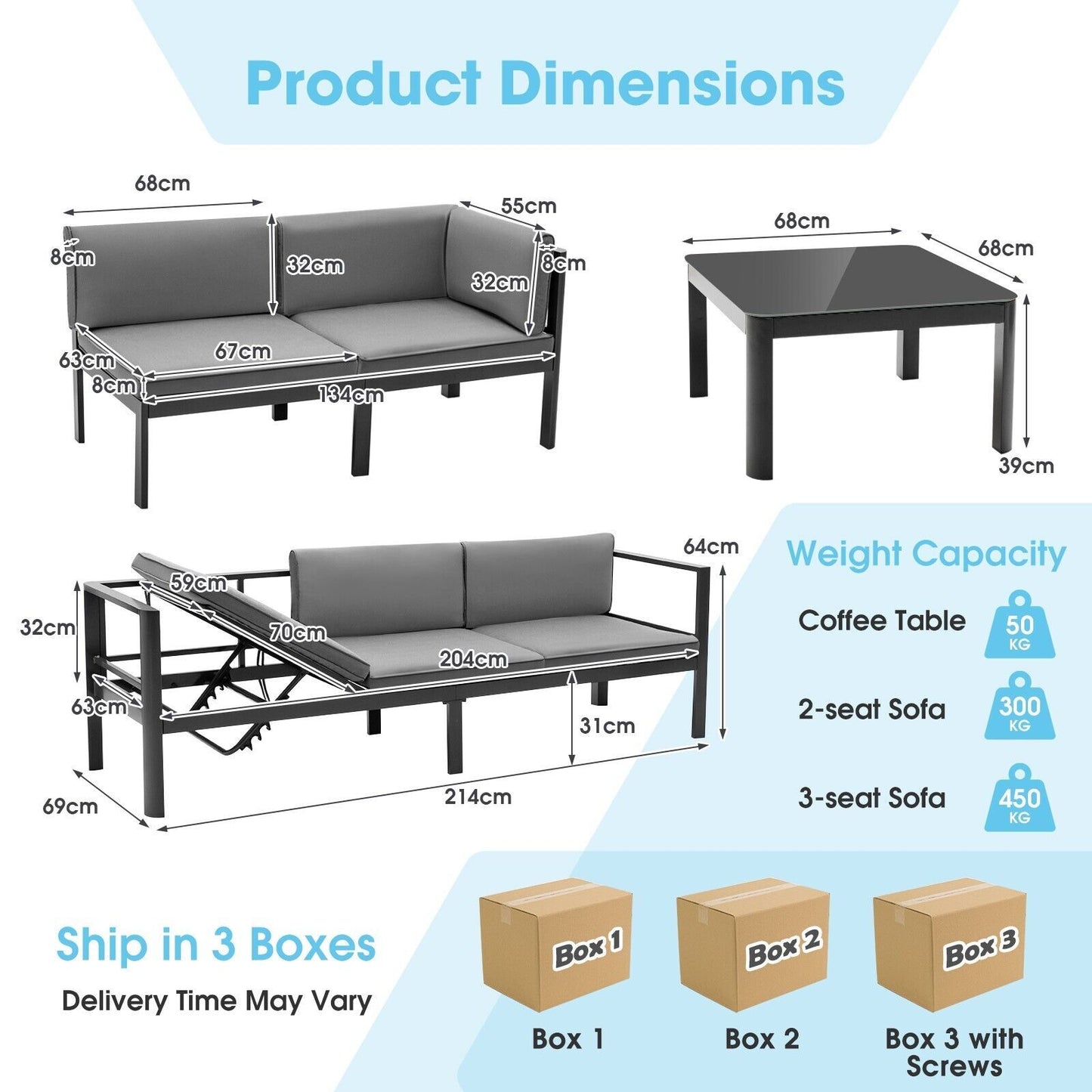 Aluminum Patio Sofa Set with Adjustable 6-Level Reclining Backrest - 3-Piece Ensemble