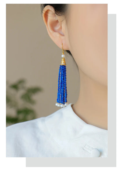 Lapis Lazuli Necklace and Earrings Set in Sterling Silver with Gilt Finish - Retro High Fringed Jewelry Ensemble