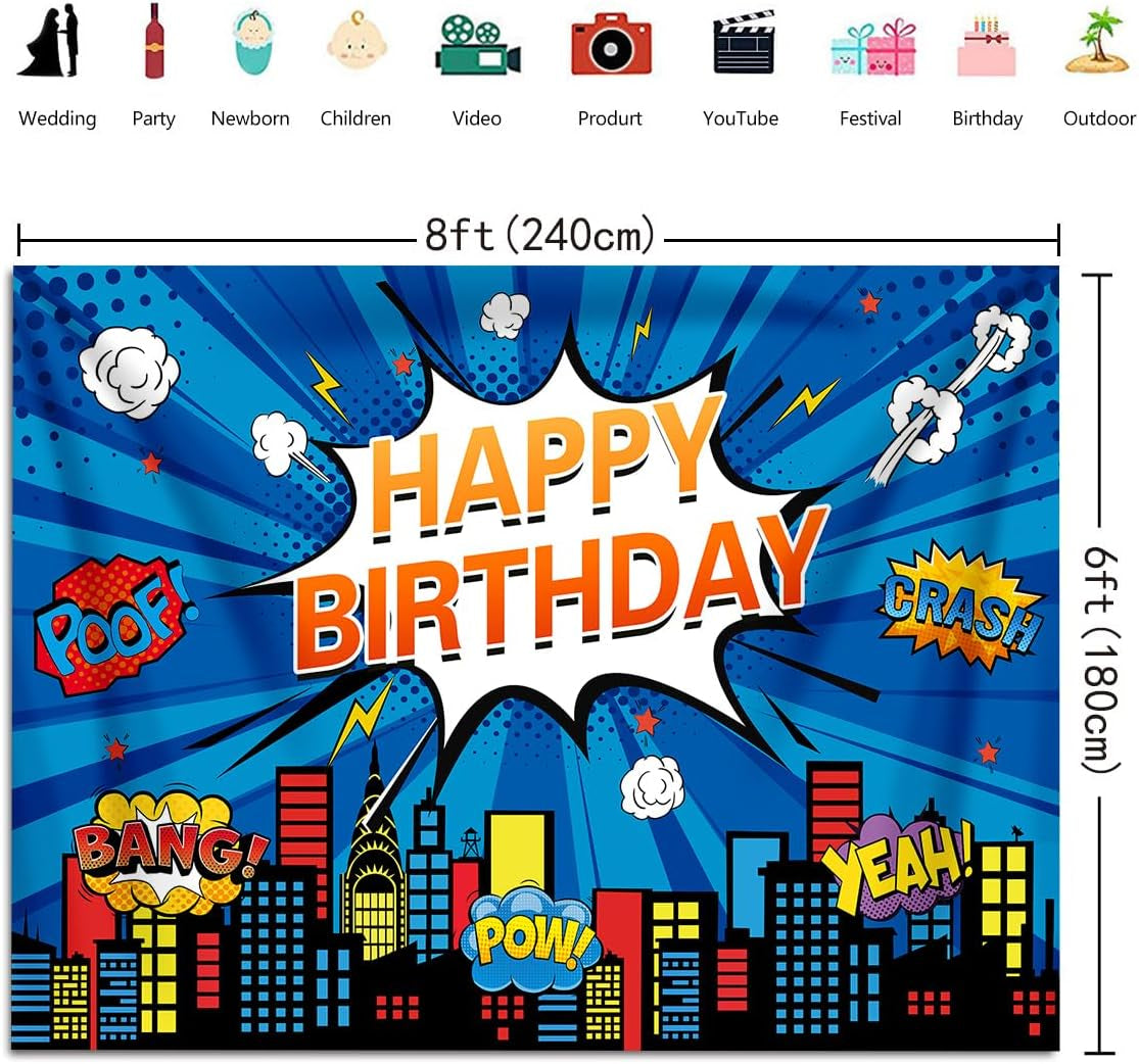 Superhero Cityscape Photo Backdrop 2.4X1.8M Super Hero Party Blue Background Boy Birthday Decoration Banner Background Kids Photo Hero City Birthday Party Decorations