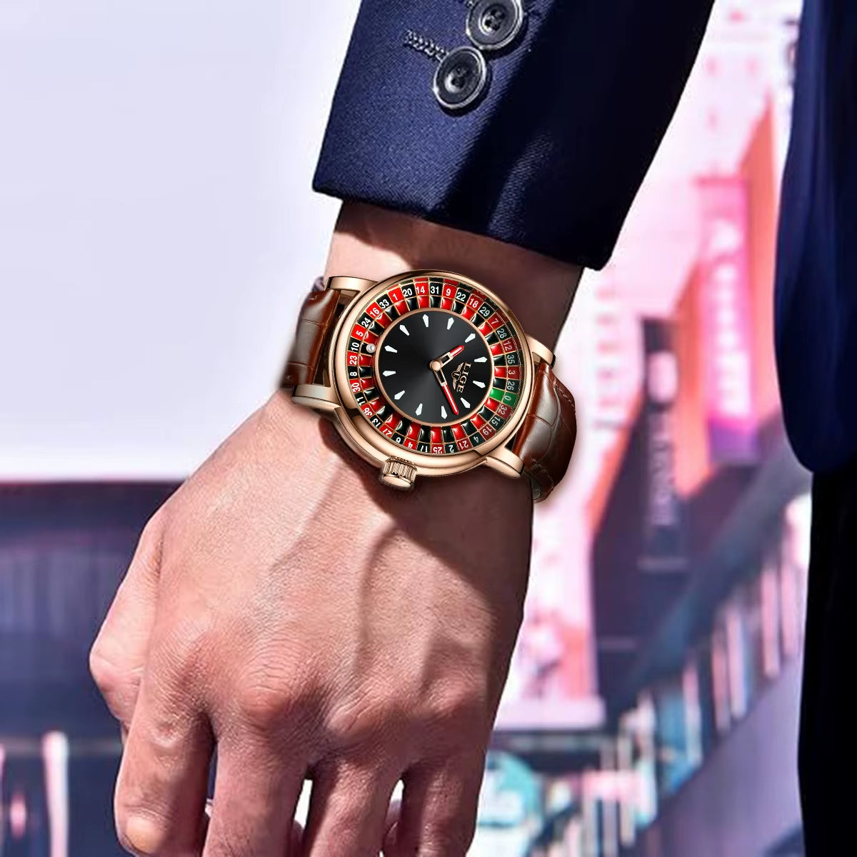 Quartz Man Watch Fashion Luxury Creative Roulette Game Dial Design Leather Casual Life Waterproof Watches for Men Gifts+Box