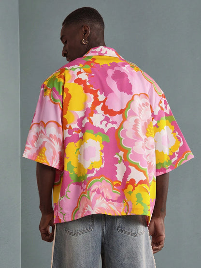 SUMWON Retro Floral Resort Shirt Boxy Fit Hawaiian Style Button down Summer Beach Vacation Camp Shirt Festival Short Sleeve Relaxed Holiday Party Casual