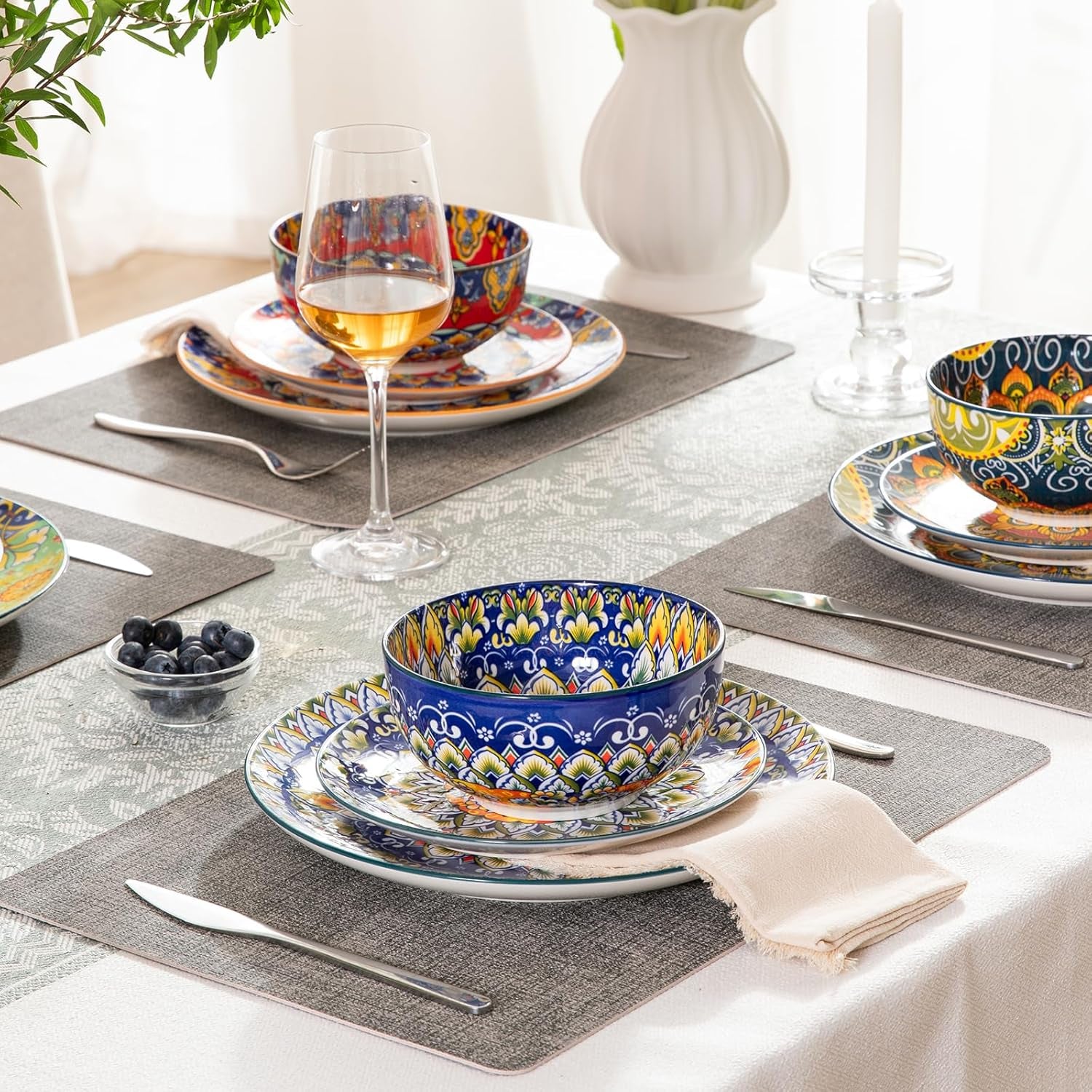 Ceramic Dinnerware Sets for 4,12 Pieces Boho Plates and Bowls for Kitchen,Housewaring Gift,Bohemian Style Dish Set,Dishwasher and Microwave Safe(Colorful)