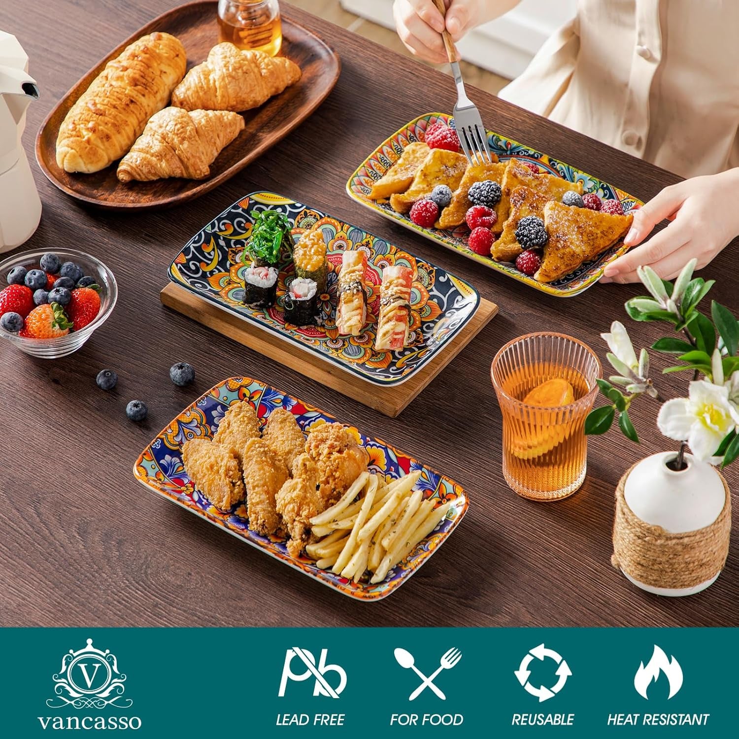 SIMI Serving Platter, 9.5 in Small Serving Dishes, Porcelain Rectangle Serving Plates Set of 6, Dishwasher and Microwave Safe, Sushi Platters for Party