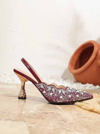 Pink Elastic Strap Back Rhinestone Women'S Sandals, Pointed Toe Backless Square High Heel Shoes, Unique Design