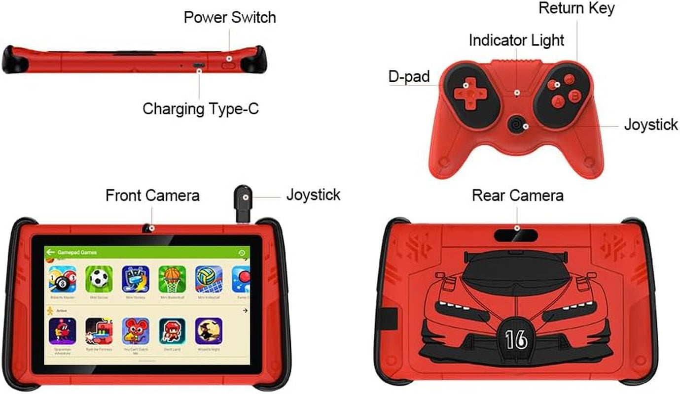 7 Inch Kids Tablets, Wifi Tablets for Kids, 8GB RAM, 32GB Rom,(Expandable 512GB), Toddler Tablet, Parental Control, Android 15, Sports Car Design, Toddler Tablet PC with Two Gamepad(Red).