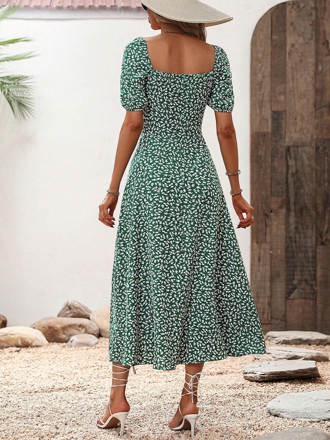 Women's Floral A-Line Maxi Dress with Split Thigh for Holiday Beach Getaways