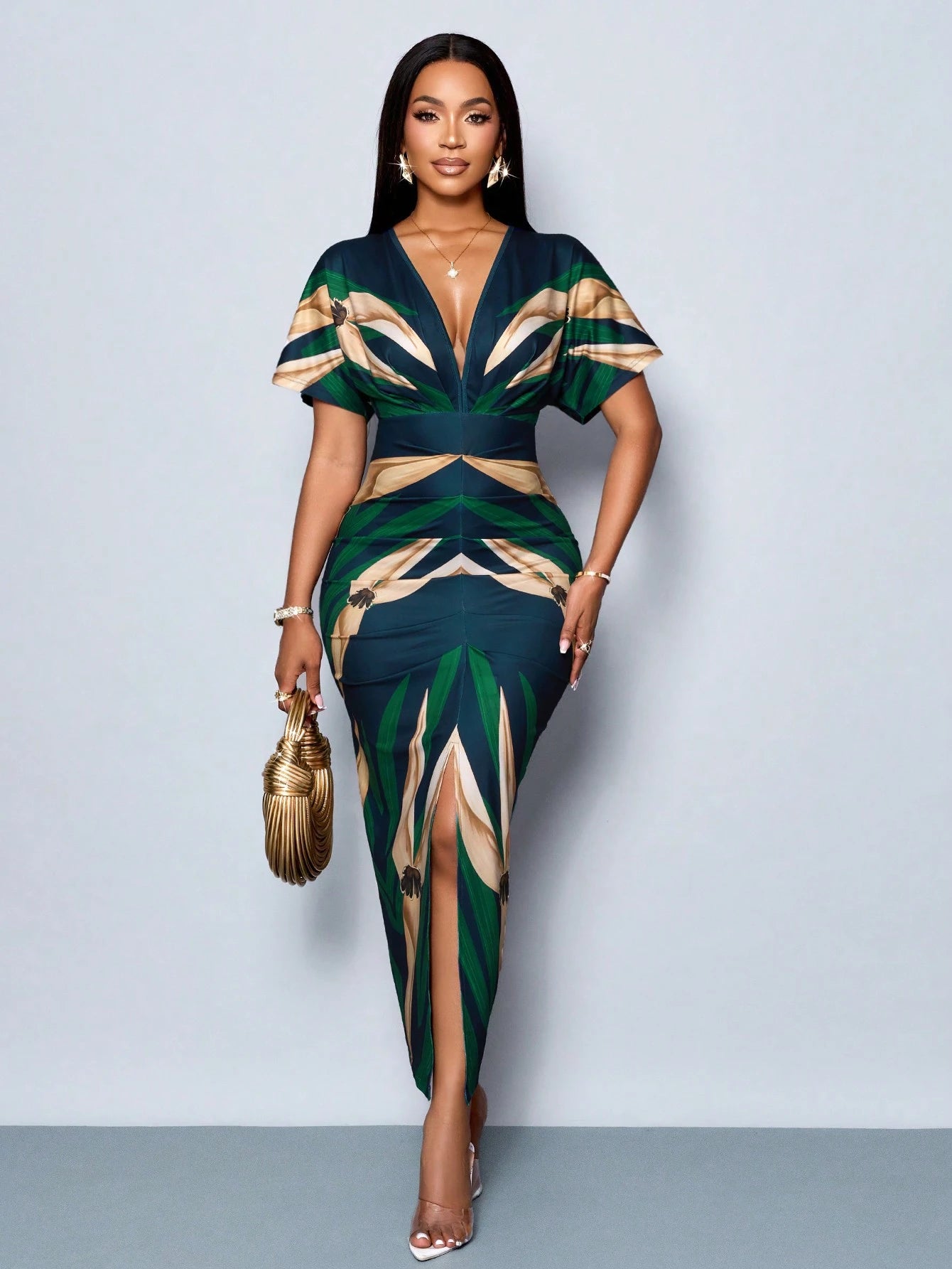 Elegant Printed V-Neck Split Thigh Bodycon Dress for Women - Perfect for Spring/Summer Events