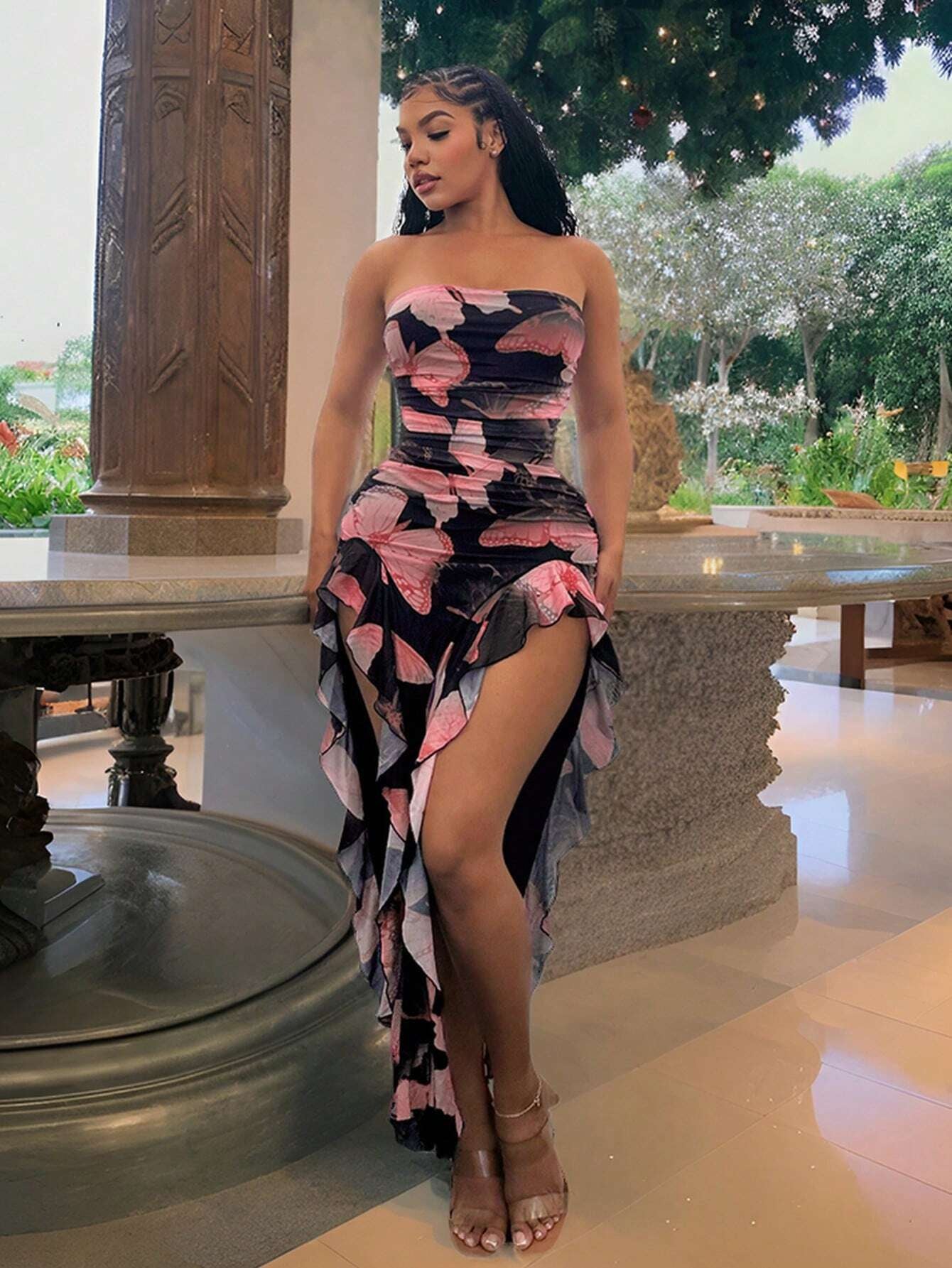 SXY Summer Butterfly Print Flared High-Low Bandeau Bodycon Dress