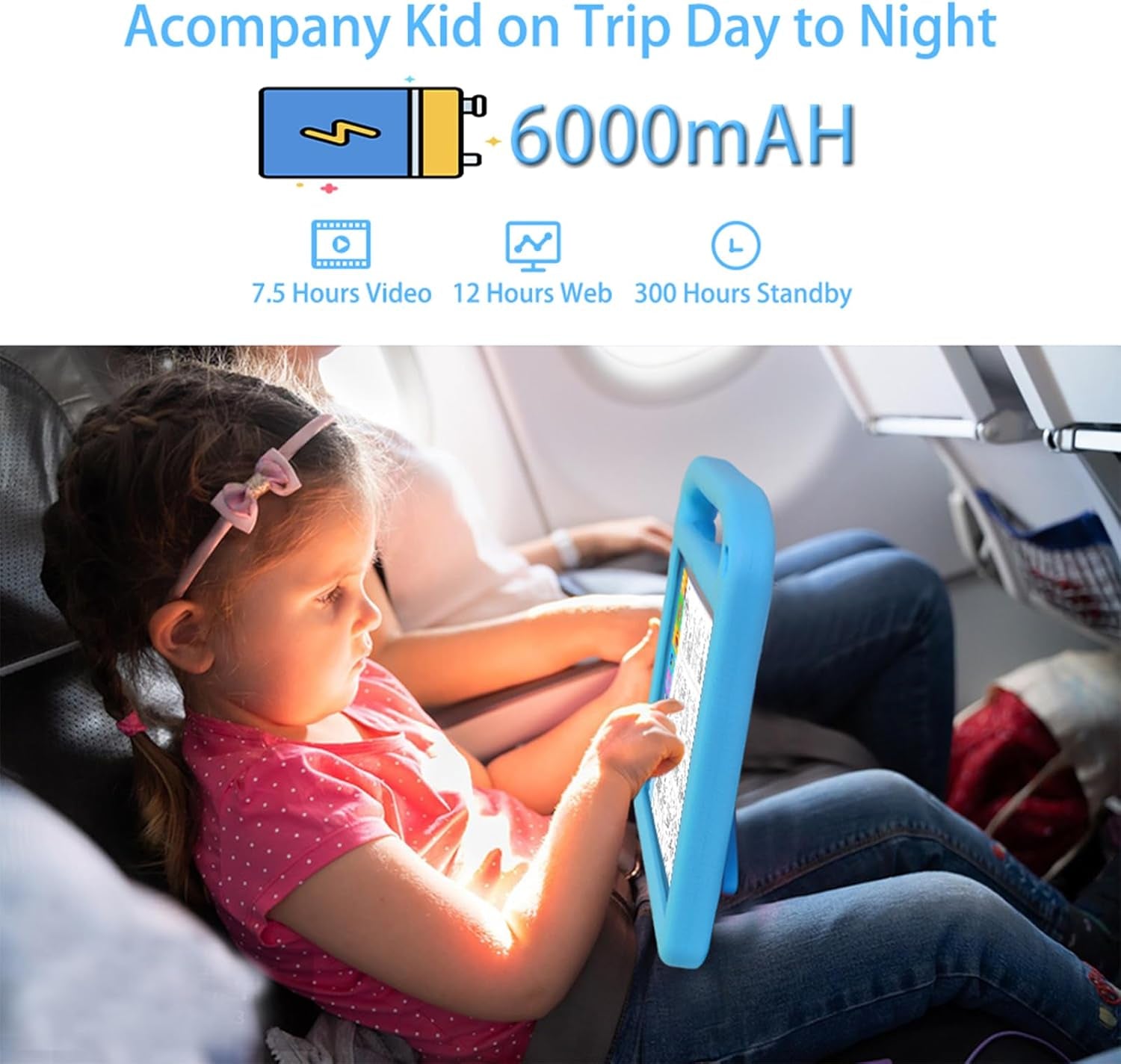 Android 14 Kids Tablet 10 Inch,Tablet for Children with Family Link Parental Control,8Gb+128Gb up to 1Tb,Octa-Core,Wifi 6,GMS to Learn Tablets for Toddlers,Face Id,Shockproof EVA Case (Blue）