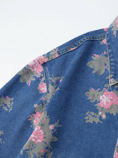 ROMWE MEN Men'S Floral Print Short Sleeve Single-Breasted Pocket Loose Casual Denim Jacket, Vacation