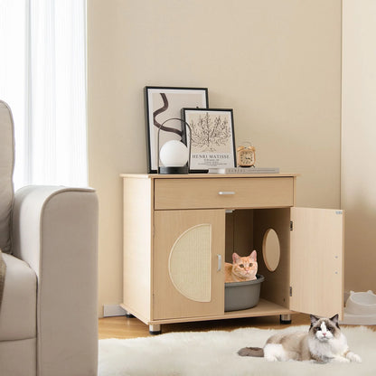 Cat Litter Box Enclosure with Sisal Scratching Doors and Integrated Storage Drawer