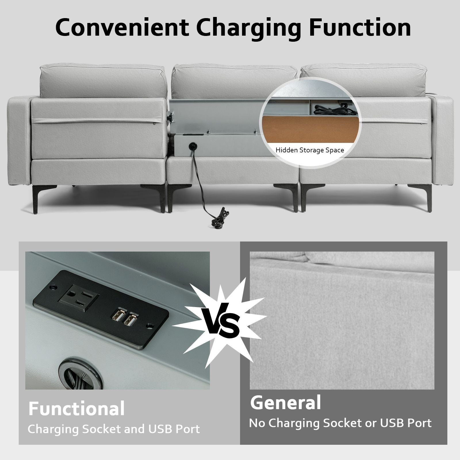 Modular L-Shaped Sofa with Reversible Ottoman and Integrated Power Outlet