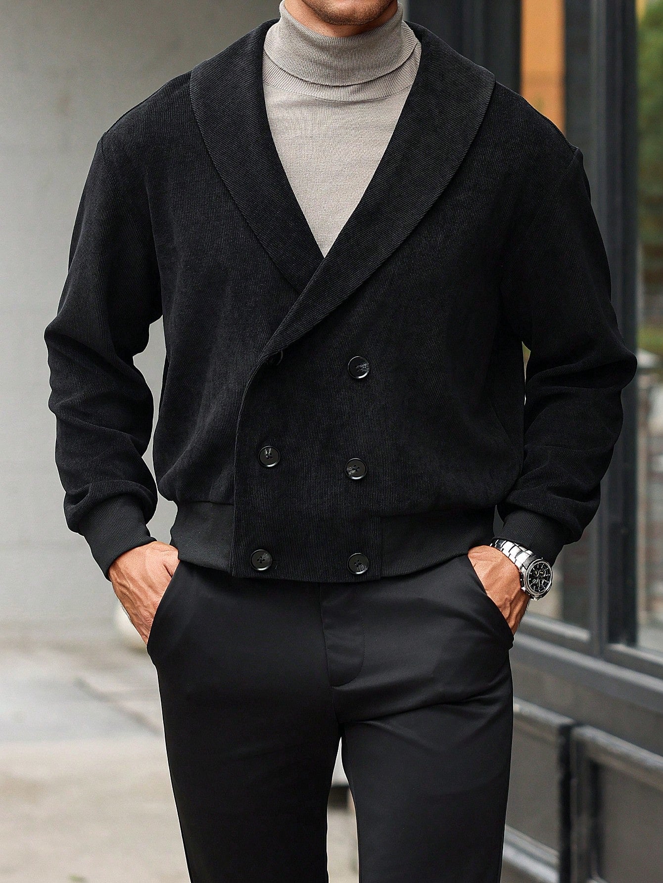 Manfinity Bizformal Men'S Autumn Casual Shawl Collar Double-Breasted Long Sleeve Black Jacket ,Fall and Winter Men ,Men Jacket. Going Out Light Jacket, for Friends, Husband, Boyfriend Gifts