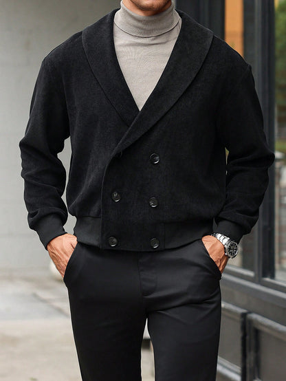Manfinity Bizformal Men'S Autumn Casual Shawl Collar Double-Breasted Long Sleeve Black Jacket ,Fall and Winter Men ,Men Jacket. Going Out Light Jacket, for Friends, Husband, Boyfriend Gifts