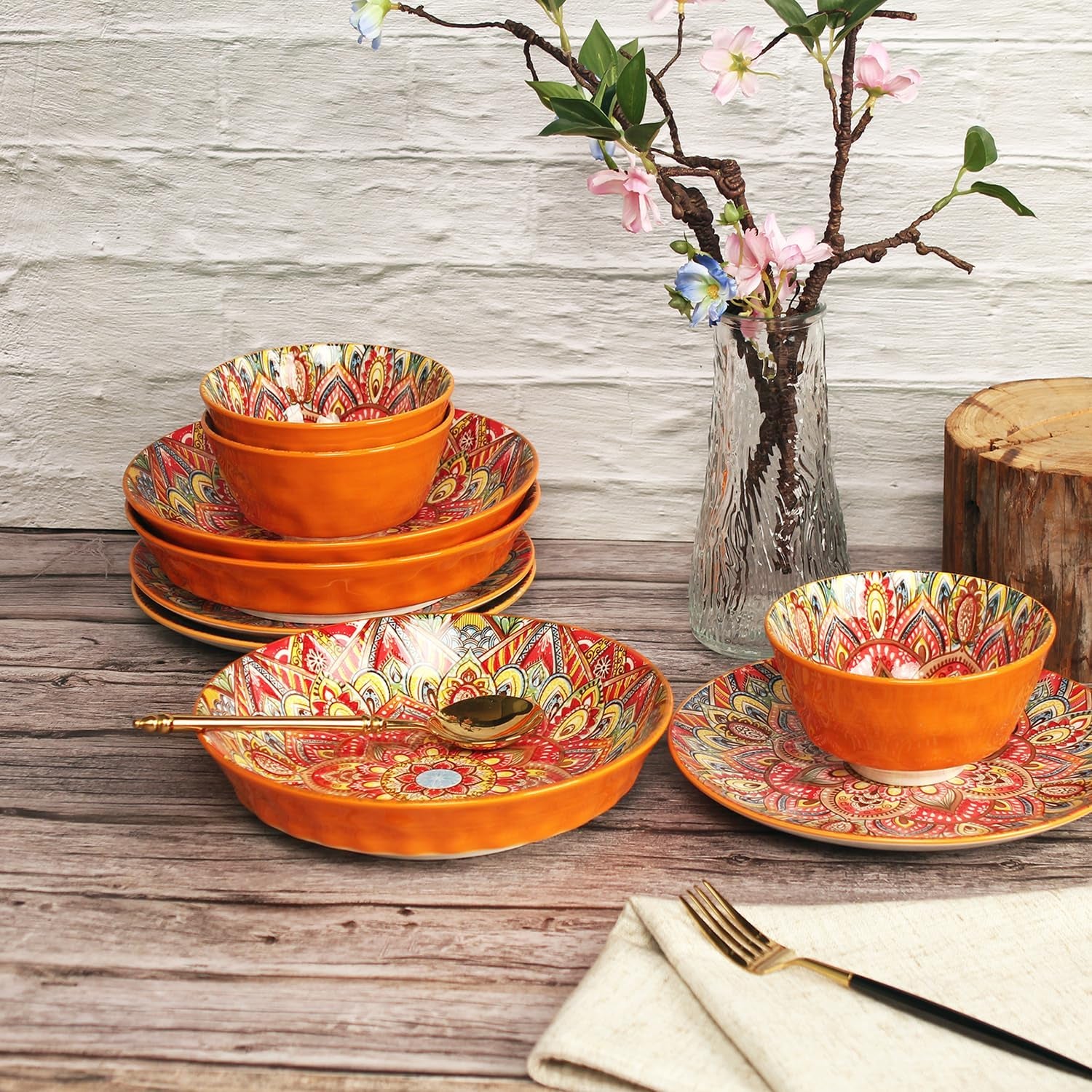 Buffet Dinnerware Porcelain Dinnerware Set, Service for 4 (12 Pcs) Easy to Clean Plate & Bowl Set Apply Casual Dining Indoor Outdoor Dining Party Bohemian Style, Red 26+20.5+12.1 CM
