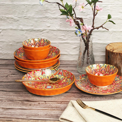 Buffet Dinnerware Porcelain Dinnerware Set, Service for 4 (12 Pcs) Easy to Clean Plate & Bowl Set Apply Casual Dining Indoor Outdoor Dining Party Bohemian Style, Red 26+20.5+12.1 CM