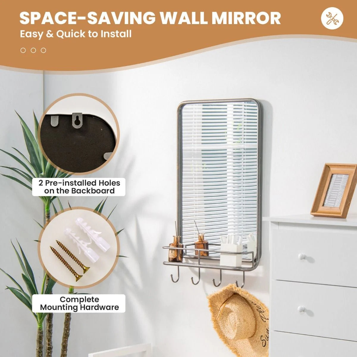 Rectangular Wall-Mounted Bathroom Mirror with Integrated Storage Shelf and Hooks System