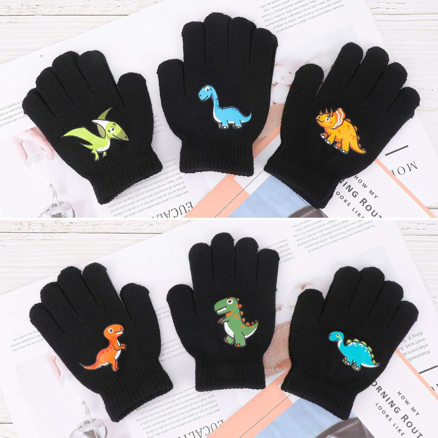 6 Pairs Children'S Magic Gloves, Winter Thermal Kid’S Full Fingers Gloves Dinosaurs/Excavator Pattern Fit for Boys Girls