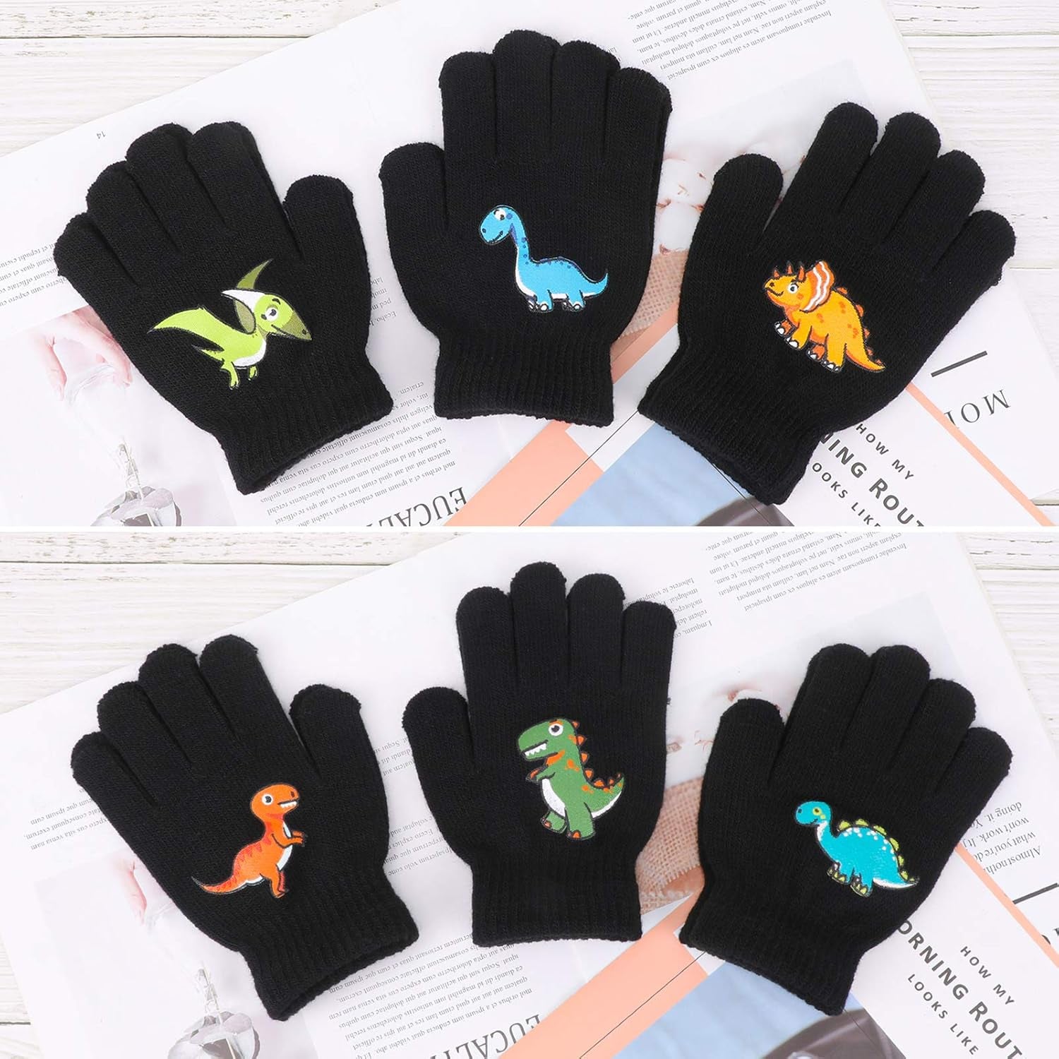 6 Pairs Children'S Magic Gloves, Winter Thermal Kid’S Full Fingers Gloves Dinosaurs/Excavator Pattern Fit for Boys Girls