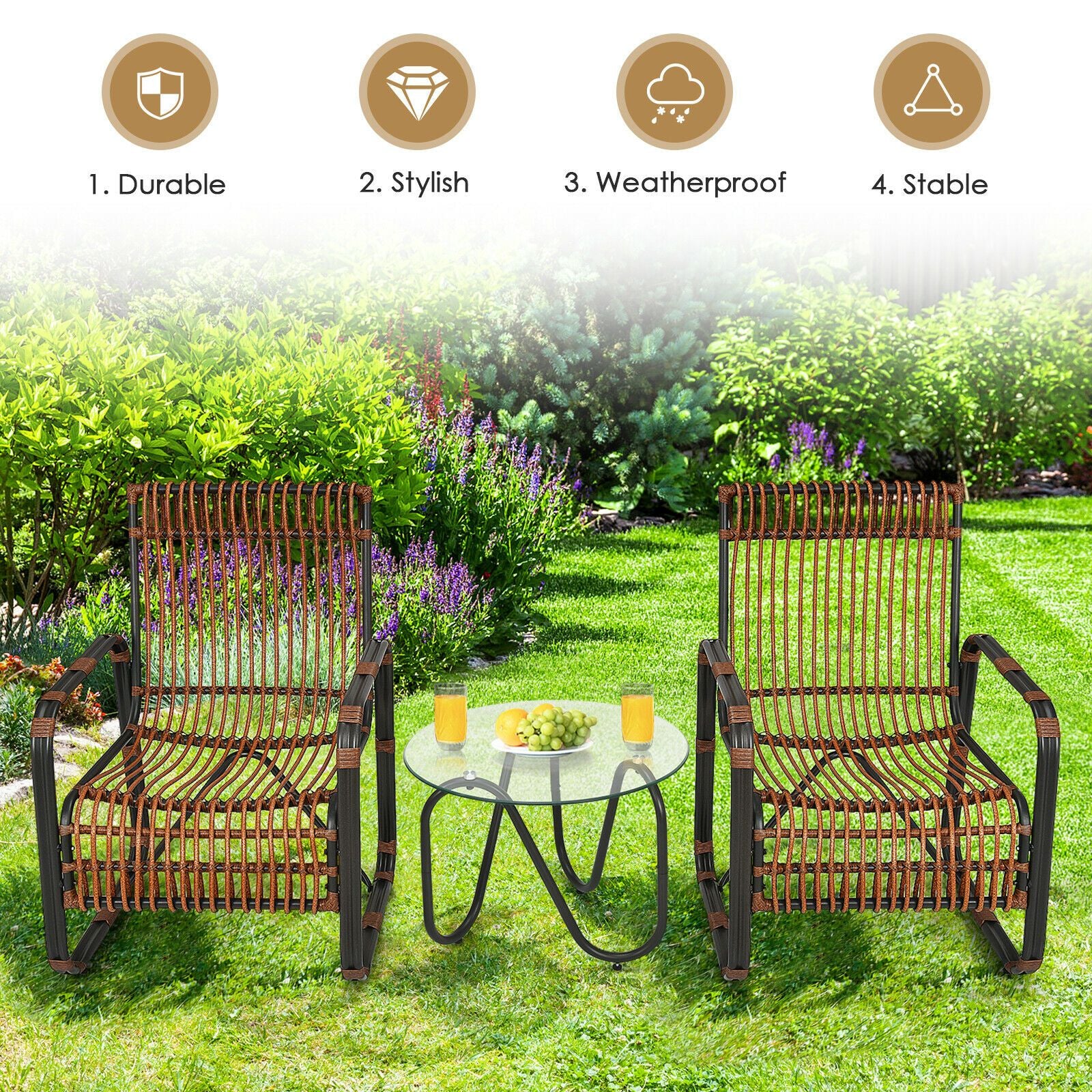 3-Piece Rattan Patio Furniture Set Featuring Two Armchairs and a Glass Coffee Table