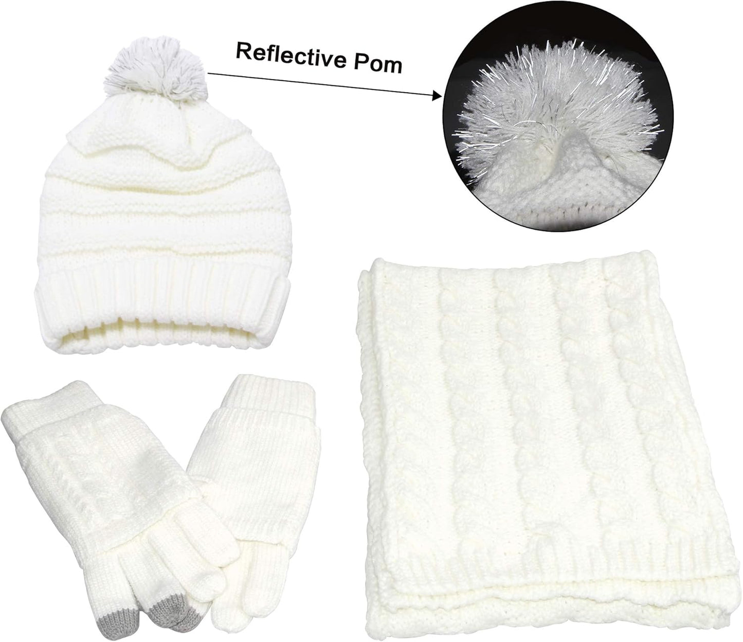 Scarf Hat Glove Sets Cable Knit Winter Gift Set Pompom Hat Touch Screen Gloves Long Scarf 3Pcs Cold Weather Warm Set for Women Girls