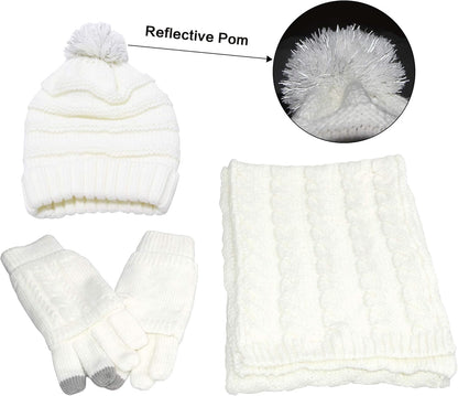 Scarf Hat Glove Sets Cable Knit Winter Gift Set Pompom Hat Touch Screen Gloves Long Scarf 3Pcs Cold Weather Warm Set for Women Girls