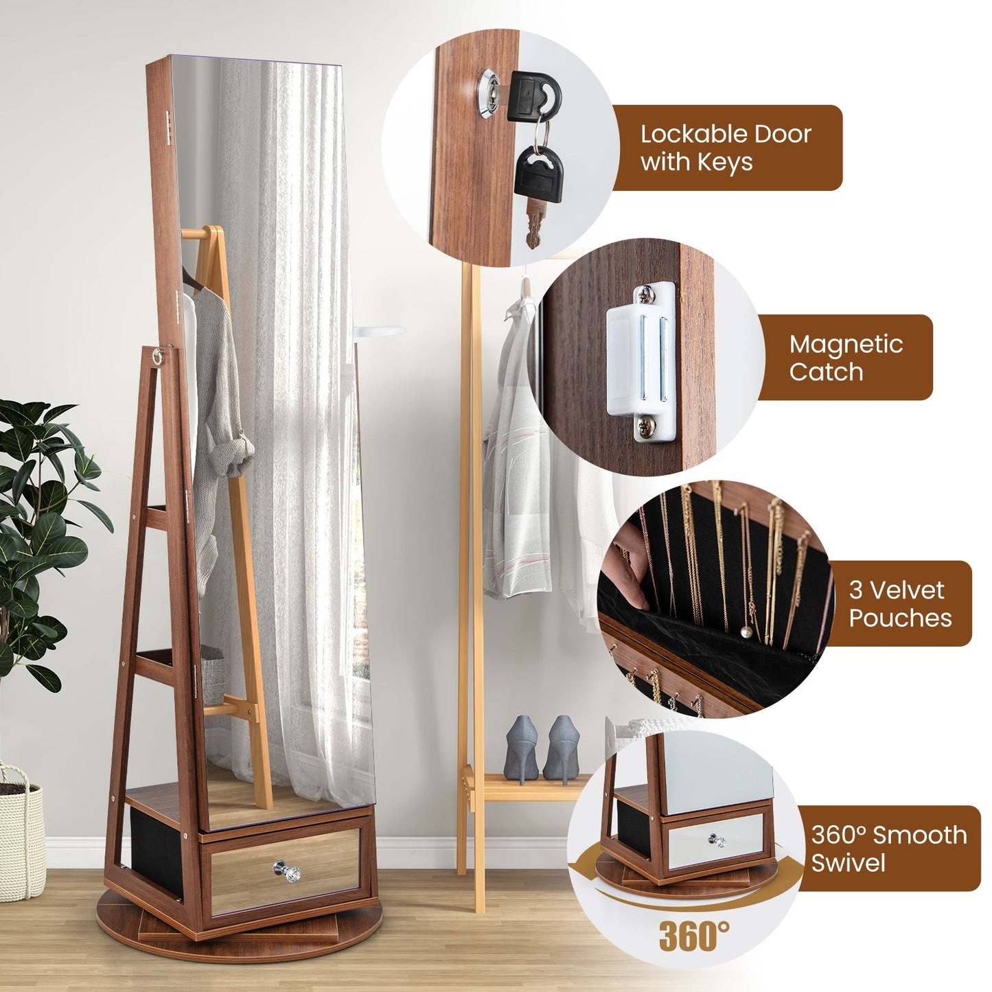 Lockable 360-Degree Rotating Jewelry Armoire with Full-Length Mirror