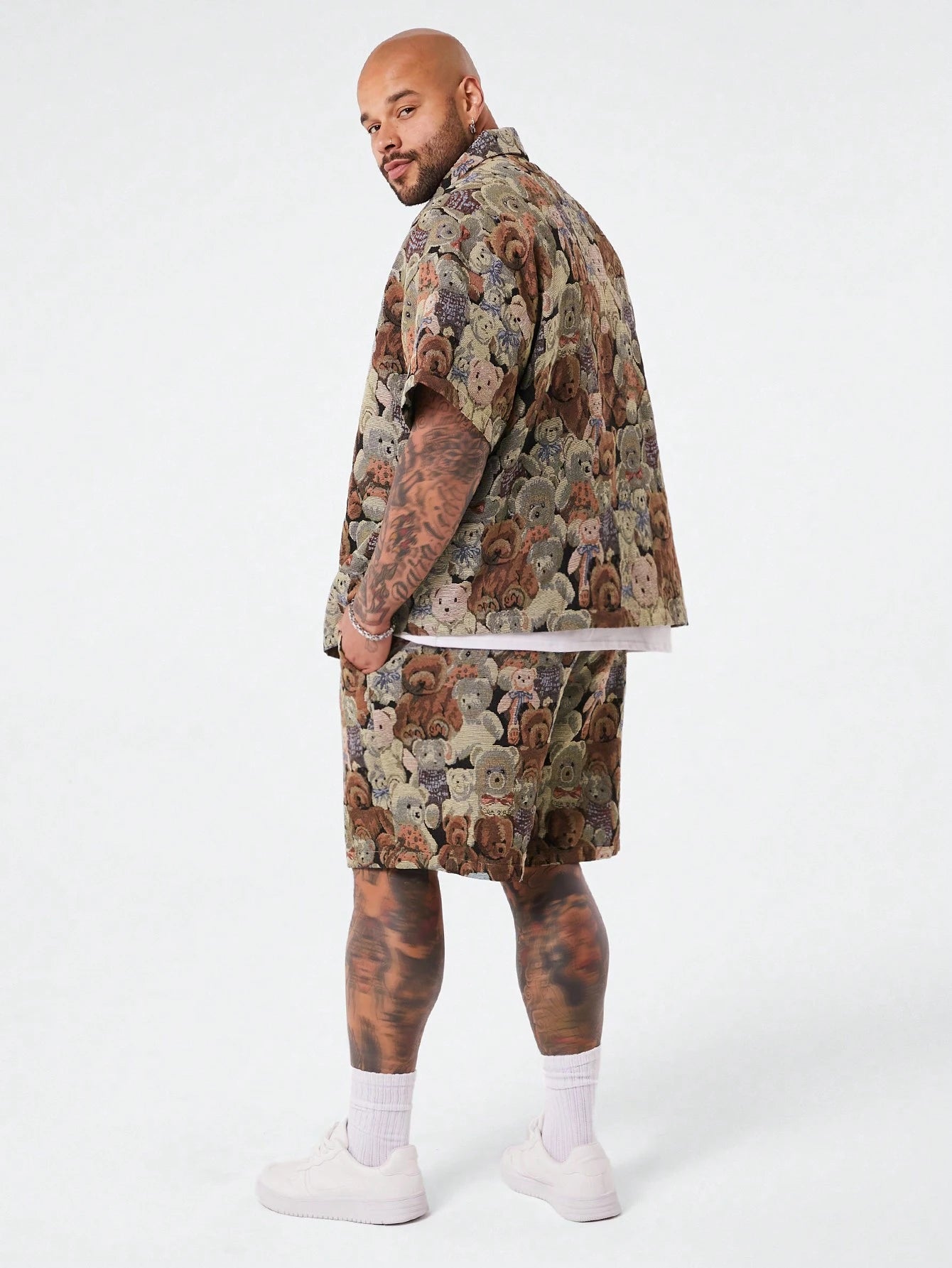 EASEVO 2Pcs/Set plus Size Men Relaxed Bear Print Zip-Up Shirt and Pants Set
