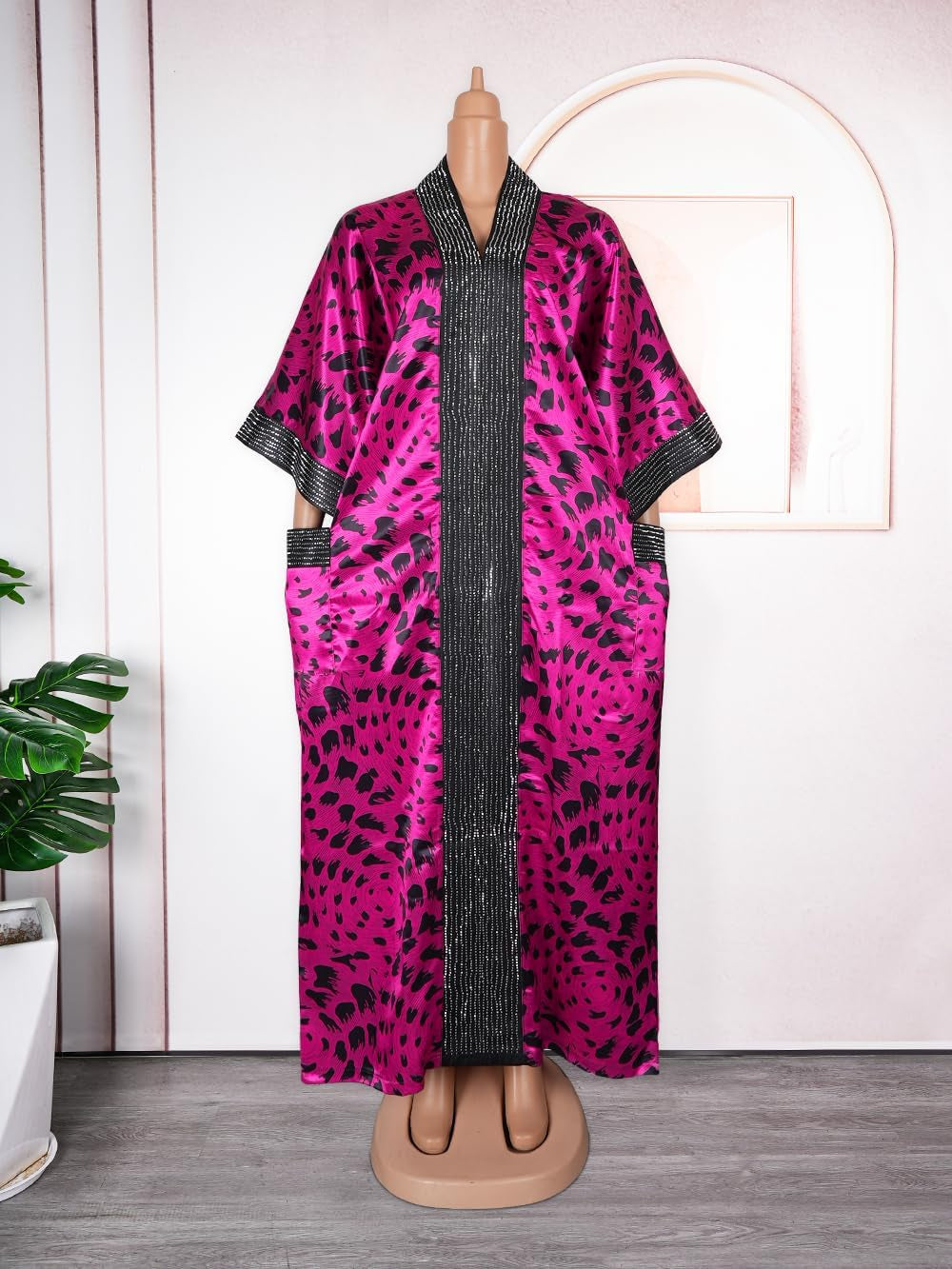 African Print Boubou Dress for Woman Rhinestone Kaftan Casual Gown Half Sleeves
