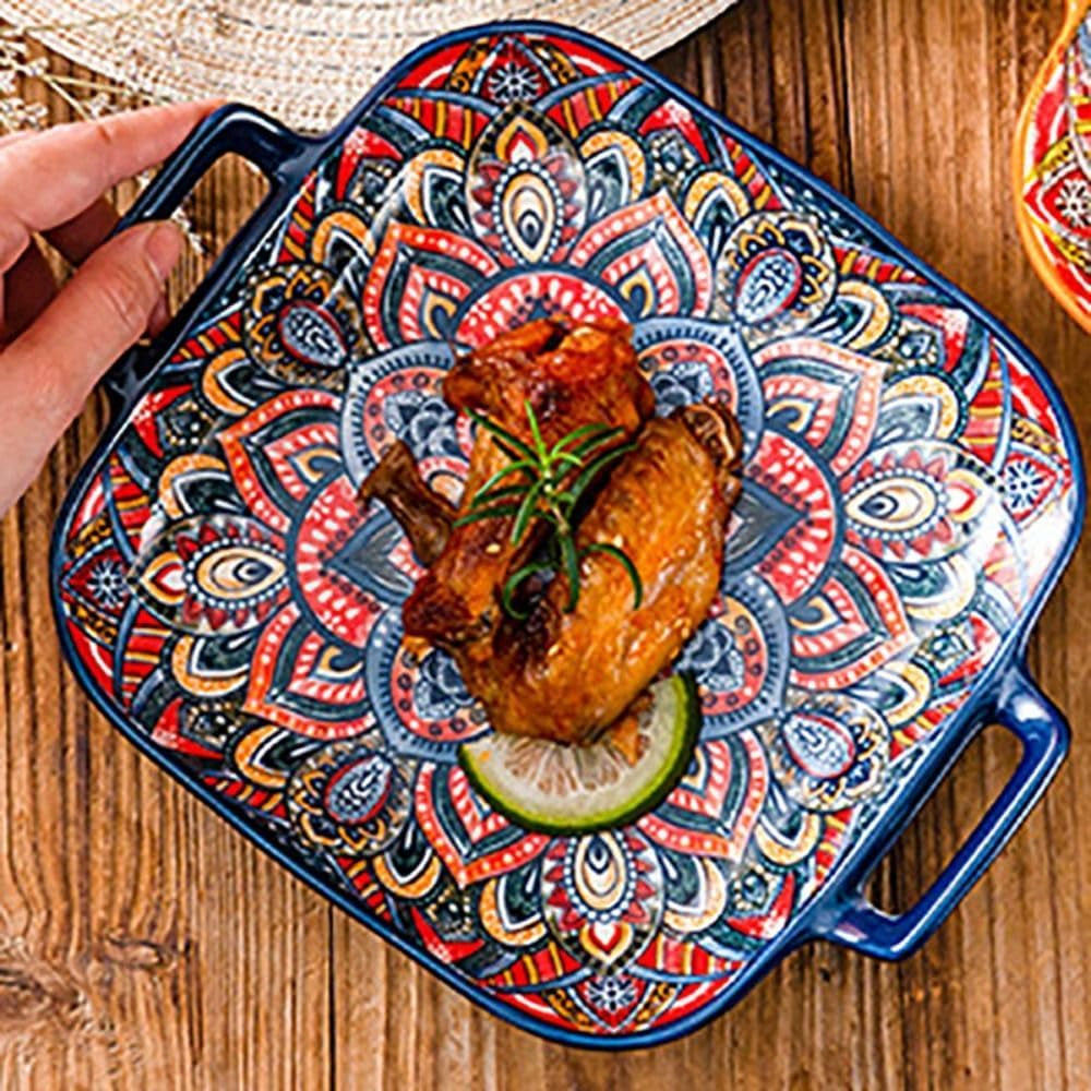 Ceramic Dinner Plate 9" - Porcelain Pasta Bowls,Handled Square Platter for Breakfast, Salads,Fruit,Cereal,Dessert,Bohemian Style(Style D)